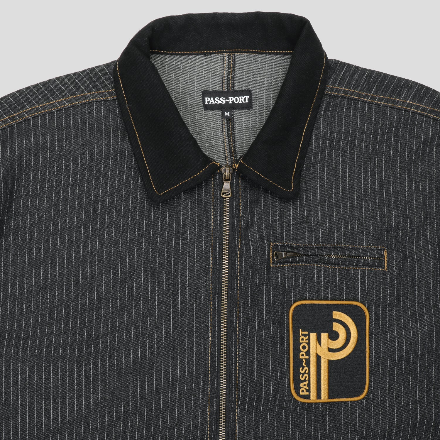Pass~Port Long Con Striped Denim Packers Jacket - Black